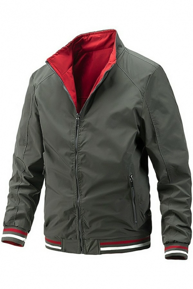 Modern Guys Jacket Contrast Hem Zip Closure Stand Collar Regular Fit Jacket