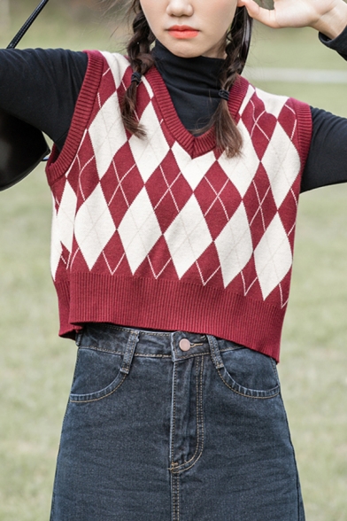 Popular Girls Sweater Vest Argyle Print V-Neck Sleeveless Relaxed Cropped Vest