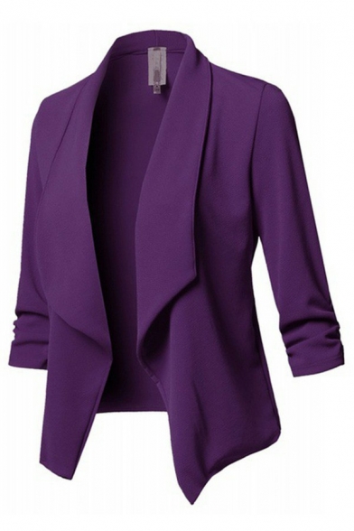 Simple Ladies Plain Blazer Waterfall Collar Pure Color Open Front Slim Fitted Suit Jacket