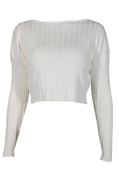Simple Ladies Sweater Solid Round Neck Long Sleeve Straight Cropped Sweater