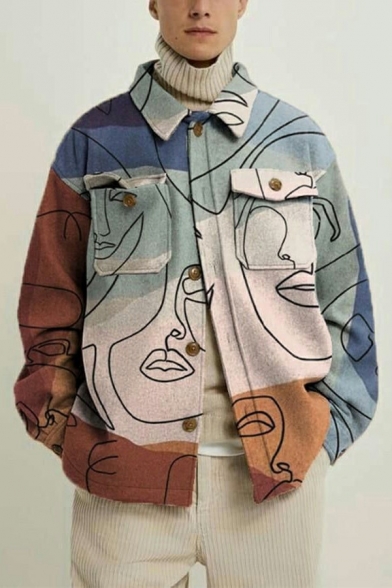Street Look Jacket 3D Print Pocket Long Sleeves Baggy Turn-down Collar Jacket for Guys