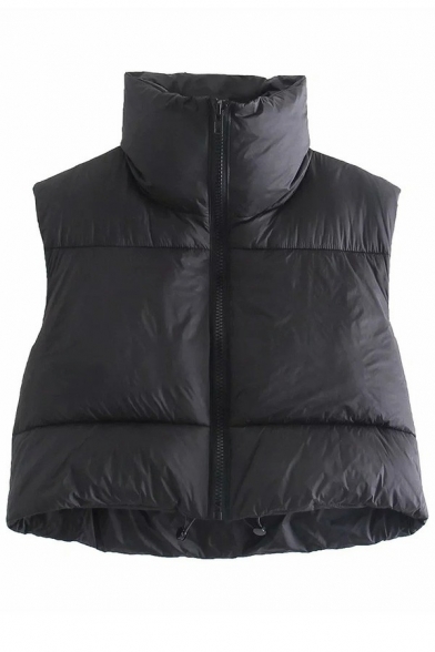 Stylish Womens Vest Plain Stand Collar Sleeveless Zip Up Cropped Padded Vest
