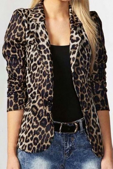 Unique Womens Blazers Leopard Printed Notched Lapel One Button Long Sleeve Slim Suit Jacket