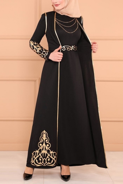 Vintage Muslim Dress Gold Pattern Decorated Long Sleeve Slim Fitted Two Piece Maxi Dress for Women
