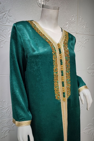 Vintage Womens Dress Solid Color Long Sleeve V-Neck Beading Swing Maxi Dress