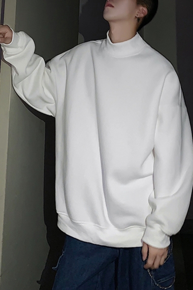 Basic Mens Sweatshirt Pure Color Long-Sleeved Rib Cuffs Loose Fit Sweatshirt