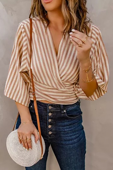 Chic Cropped Shirt V-Neck Striped Pattern 3/4 Flare Sleeve Oversized Womens Shirt