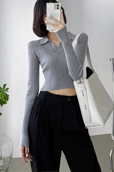 Chic Womens Crop Top Mock Neck Solid Color Long Sleeve Slim Fitted Crop Knit Top