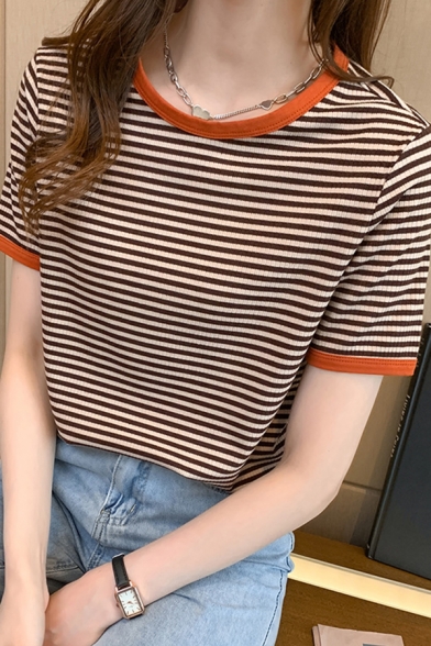 Classic Womens Striped T-Shirt Crew Neck Short Sleeve Regular Fit Top Shirt