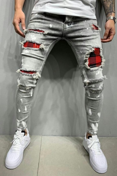Cool Mens Jeans Medium Wash Zipper Placket Hole Design Full Length Skinny Fit Jeans