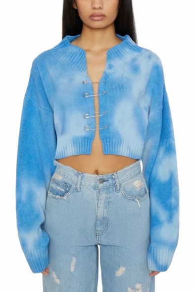 Creative Girls Cardigan Tie Dye Round Neck Long Sleeve Pin Button Relaxed Cropped Cardigan