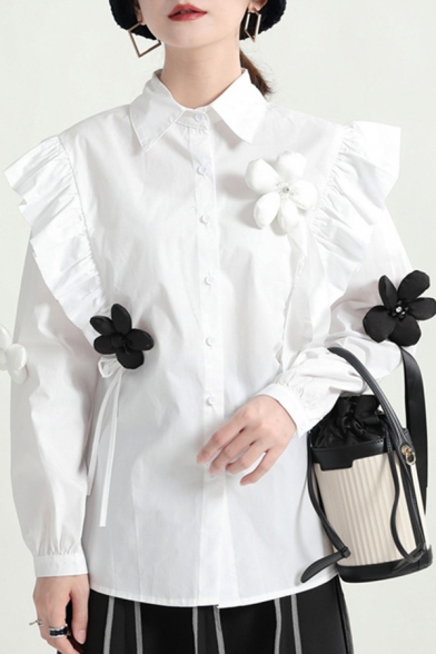 Creative Ladies Plain Shirt Button Up Turn Down Collar Flower Decorated Long Sleeve Shirt with Ruffle