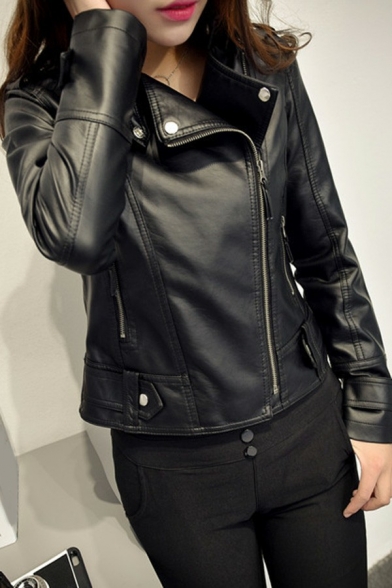 Popular Ladies Jacket PU Leather Notched Lapel Collar Zipper Fly Long Sleeve Slim Biker Jacket