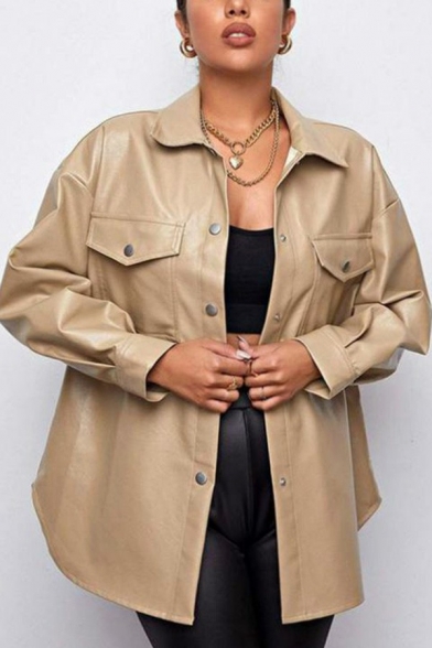 Popular Womens Jacket PU Leather Turn Down Collar Single Breasted Chest Pockets Long Sleeve Asymmetric Hem Straight Biker Jacket