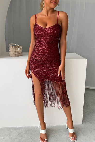 Sexy Cami Dress Plain Sequined Glitter Detail Spaghetti Strap Sleeveless Mini Slit Womens Dress