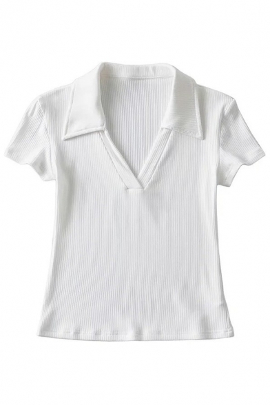 Sexy Ladies Polo Shirt Solid V-Neck Short Sleeve Rib Knit Slim Cropped Polo Shirt