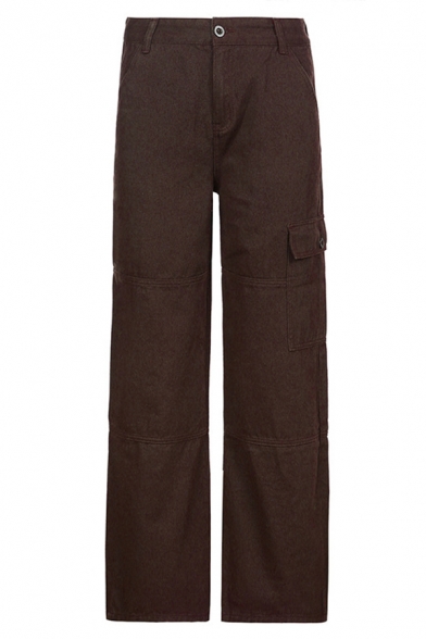 Simple Womens Pants Plain Color Zip Up High Rise Flap Pockets Full Length Straight Pants