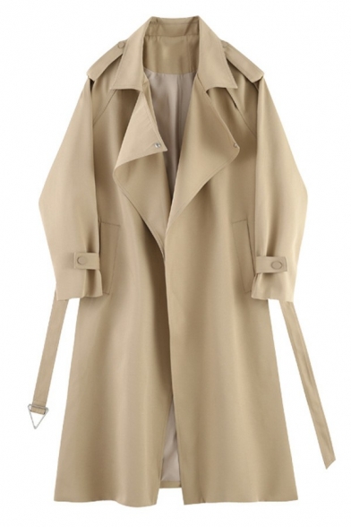 Simple Womens Trench Coats Solid Notched Lapel Long Sleeve Open-Front Belted Long Straight Trench Coat