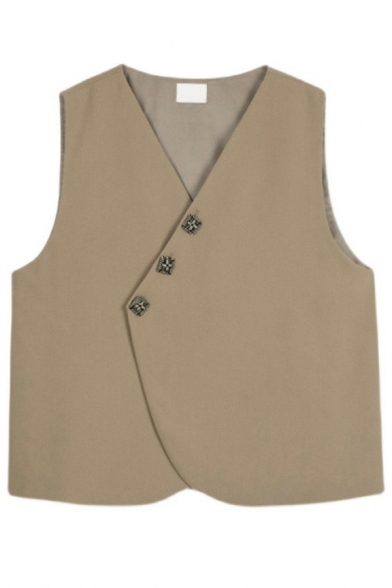 Simple Womens Vest Solid V-Neck Button Down Sleeveless Oversized Vest