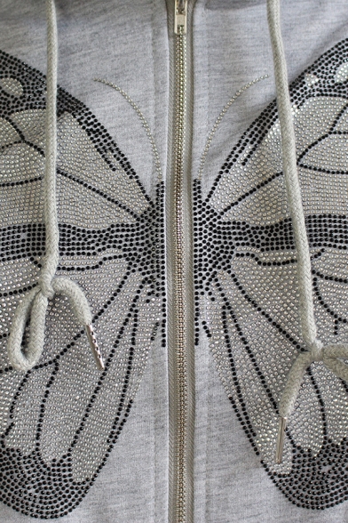 Stylish Girls Hoodie Butterfly Pattern Rhinestone Detail Zip Up Drawstring Oversized Hoodie