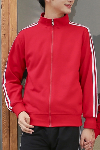 Stylish Mens Sweatshirt Stripe Pattern Stand Collar Long-Sleeved Regular Fitted Sweatshirt