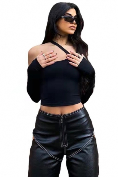 Stylish Womens T-Shirt Halter Cold Shoulder Detachable Sleeve Slim Fit Crop T-Shirt in Black