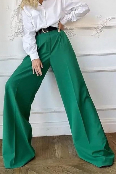 Trendy Womens Pants Mid Rise Solid Color Long Length Straight Wide Leg Pants