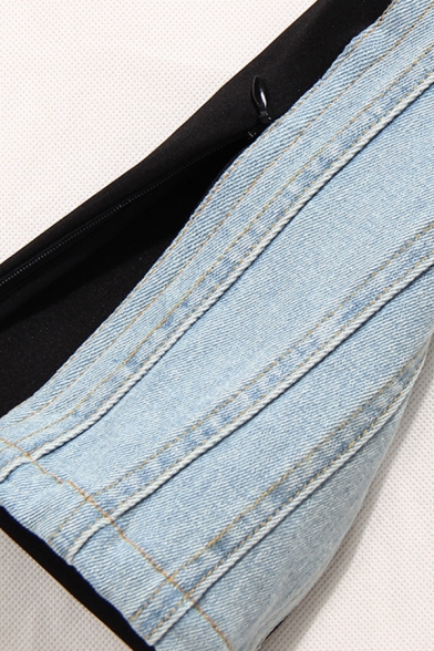 Unique Girlfriend Jeans Color Block Contrast Panel Light Wash Zip Fly Mid Waist Jeans for Women