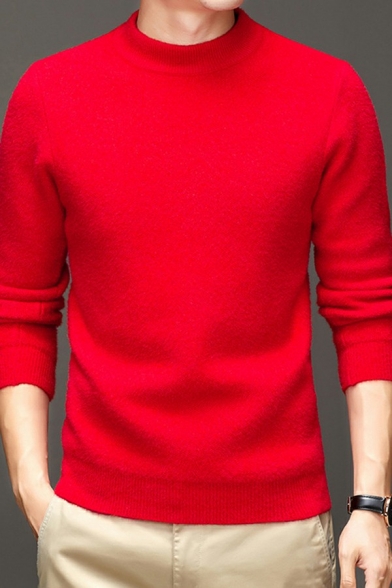 Vintage Men's Knit Sweater Ribbed Trim Round Neck Long Sleeve Relaxed Fit Sweater