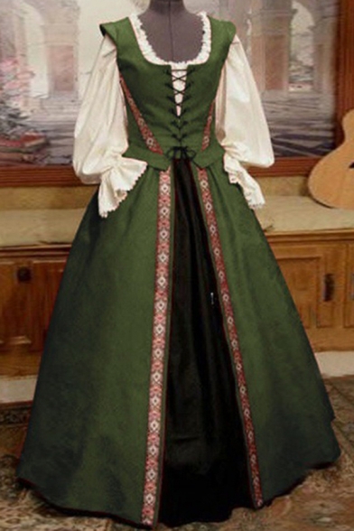 Vintage Womens Dress Plain Color Trim Patchwork Square Neck Maxi High-Waist Long Puff Sleeve Dress