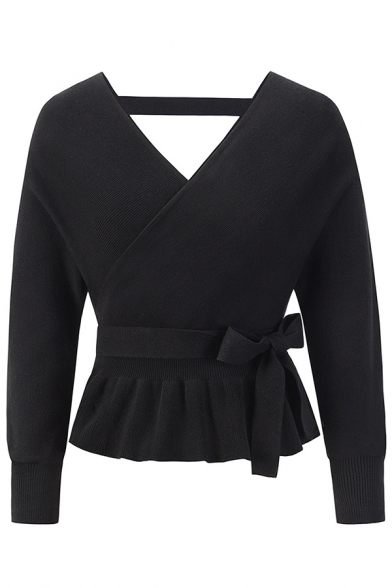 Womens Creative Sweater Solid V-Neck Backless Long Sleeve Ruffle Hem Bow Detail Slim Cropped Sweater