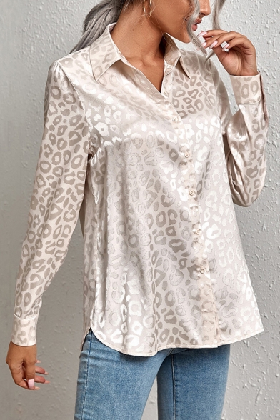 Womens Shirt Stylish Leopard Printed Button Down Lapel Collar Relaxed Long Sleeve Shirt