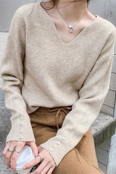 Basic Womens Sweater V-Neck Plain Button Detail Long Sleeve Loose Fit Knit Top