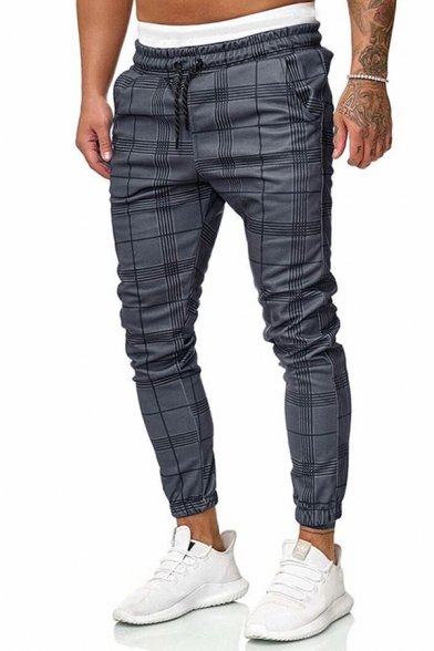 Casual Mens Pants Plaid Printed Drawstring Waist Mid Rise Regular Fit Pants