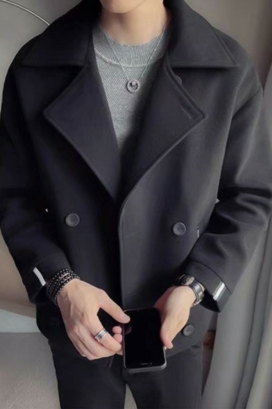 Cool Men Coat Pure Color Lapel Collar Pocket Button Up Loose Fit Pea Coat