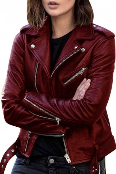 Cool Womens Leather Jacket Solid Color Notched Collar Side Zipper Down Relaxed Fit Jacket