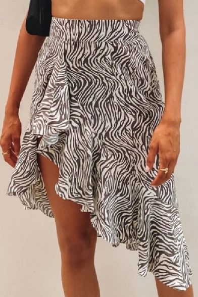 Creative Ladies Skirt Zebra Pattern Ruffles Detail Asymmetrical High Low Skirt