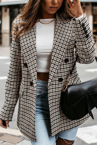 Dainty Ladies Suit Jacket Houndstooth Print Button Closure Notched Lapel Collar Loose Fitted Blazer