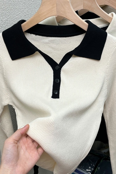 Elegant Womens Polo Shirt Contrast Collar Button Up Long Sleeve Rib Knit Relaxed Cropped Polo Shirt