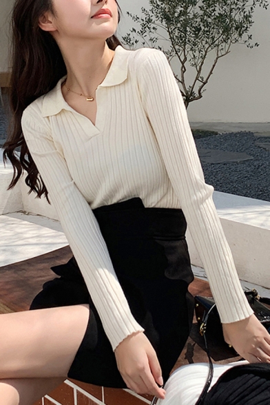 Fancy Womens Knit Top Plain V-Neck Long Sleeve Slim Fit Sweater