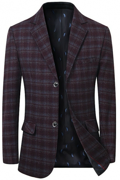 Fashionable Mens Blazer Plaid Print Lapel Collar Skinny Long Sleeve Button Fly Suit Blazer