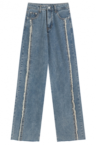 Fashionable Womens Jeans Zipper Fly High Waist Fringe Design Long Length Wide Leg Jeans in Blue