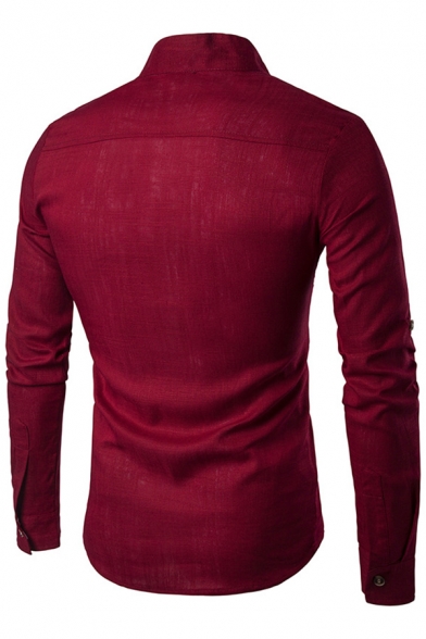 Freestyle Boys Shirt Plain Curved Hem Stand Collar Long-Sleeved Slim Button Closure Shirt