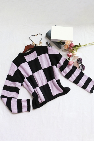Leisure Girls Sweater Plaid Heart Detail Round Neck Long Sleeve Relaxed Cropped Sweater