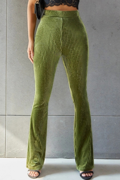 Leisure Ladies Pants Solid Color Elastic Waist High Rise Full Length Slim Bootcut Pants