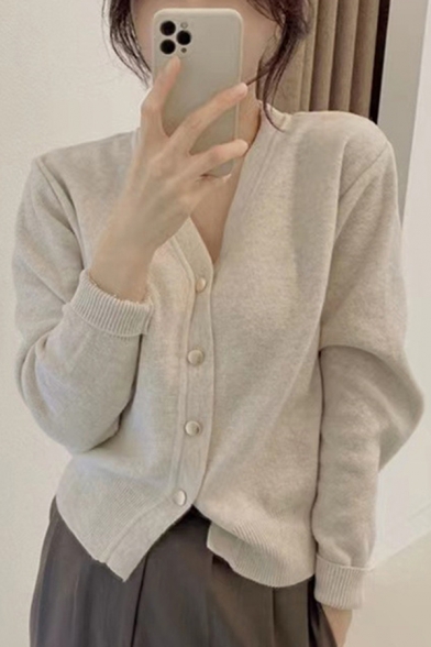 Leisure Womens Sweater Solid V-Neck Button Down Long Sleeve Relaxed Cropped Sweater