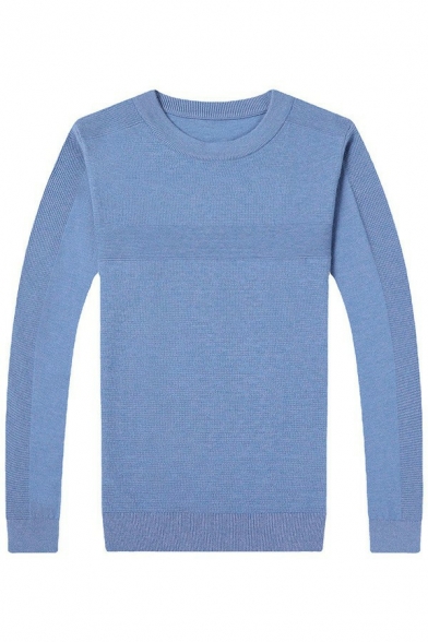 Mens Basic Sweater Pure Color Rib Cuffs Crew Neck Long-Sleeved Regular Pullover Sweater