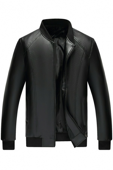 Mens Edgy Jacket Pure Color Pocket Stand Collar Relaxed Long Sleeve Zip Fly Leather Jacket