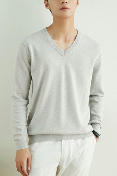 Mens Trendy Sweater Pure Color Long Sleeves V Neck Regular Ribbed Hem Pullover Sweater