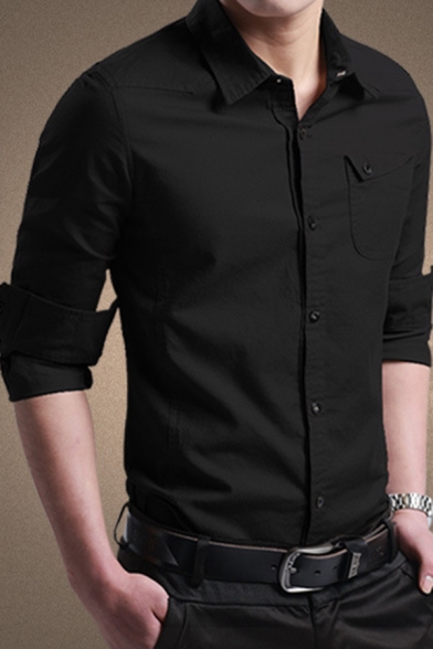 Modern Mens Shirt Plain Long Sleeve Button Closure Spread Collar Regular Fitted Shirt